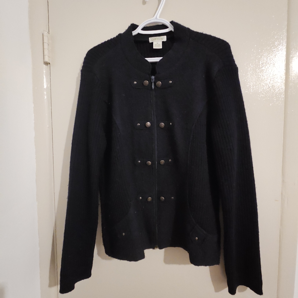 Orvis Navy 100% Wool Zip Up Cardigan